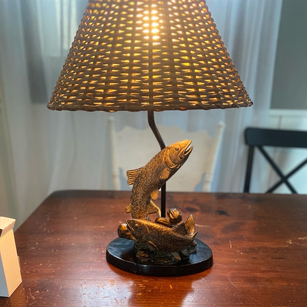 Vintage Pair of Fish bronze lamp with wicker shade